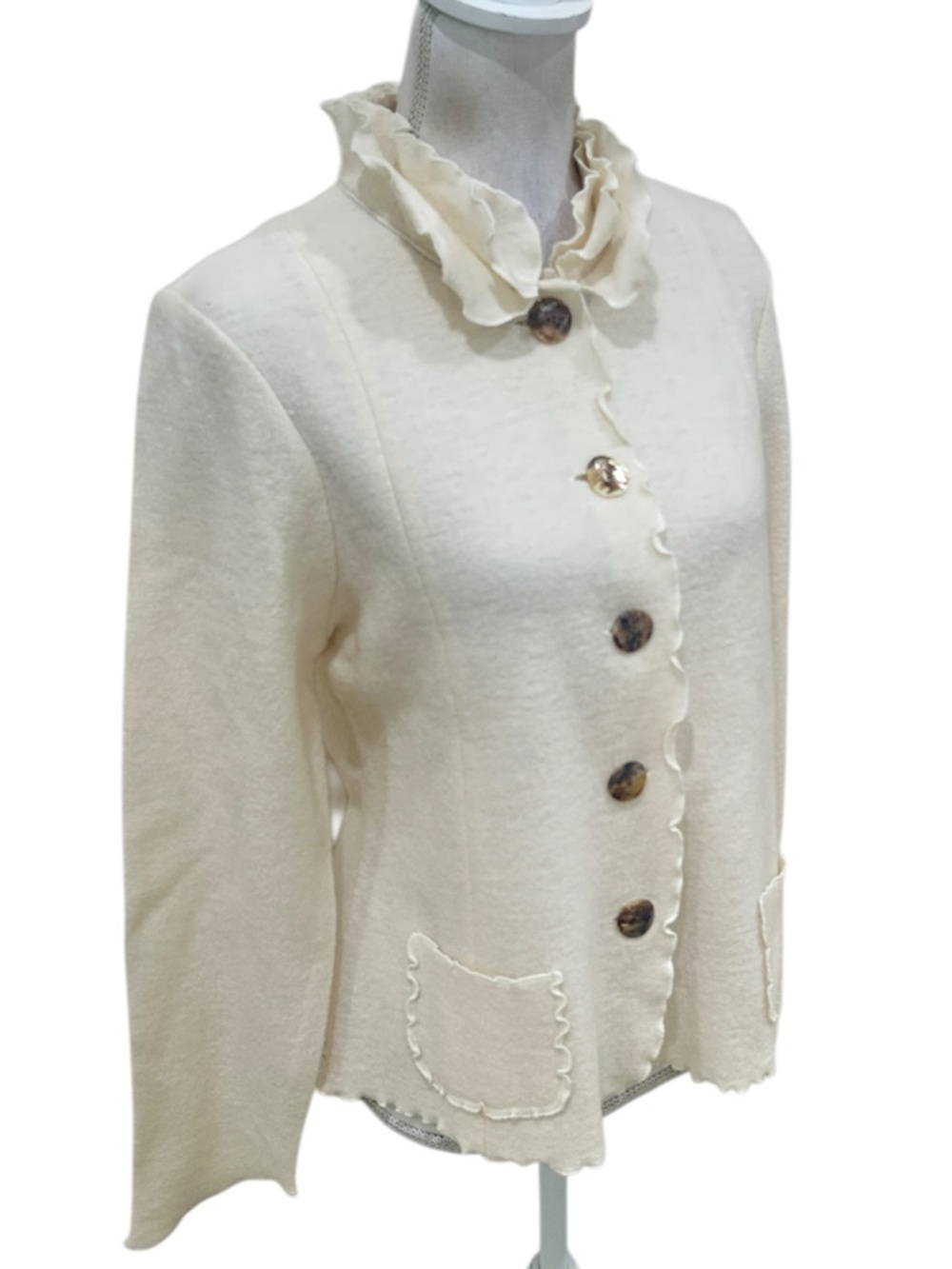 Cream Ruffle Collar Button-Front Blazer Jacket - Picture 2 of 9